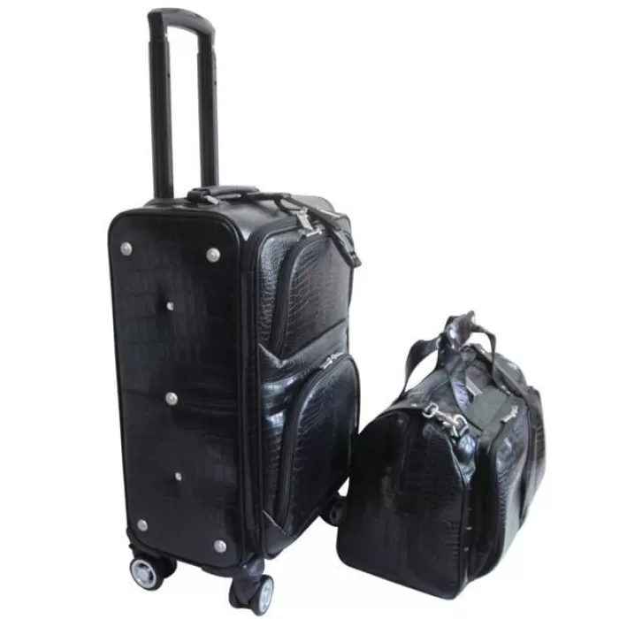 Silk & Salt Black Leather Croco-Print 2-Piece Carry-On Spinner LuggaSet