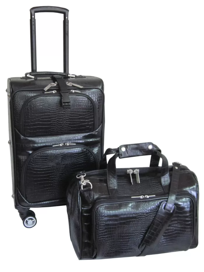 Silk & Salt Black Leather Croco-Print 2-Piece Carry-On Spinner LuggaSet