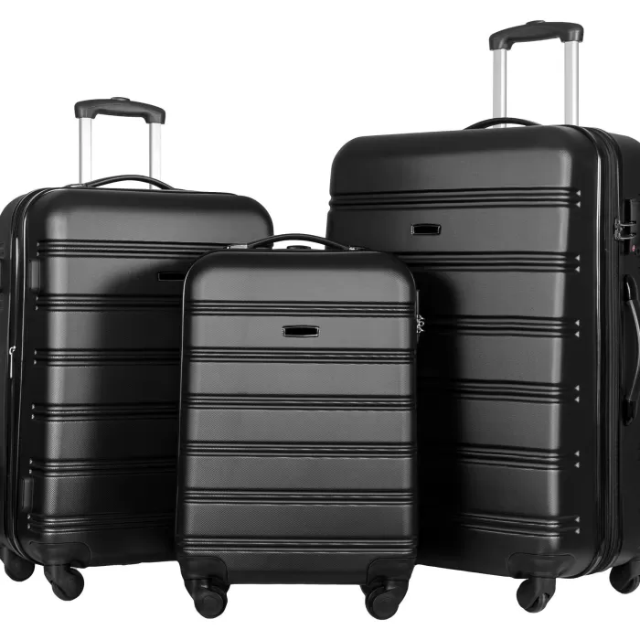 Silk & Salt Black 3Pcs LuggaSet Hardside Spinner Suitcase with TSA Lock 3 Size 20 24' 28 Travel Bag