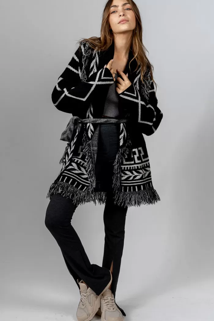 Silk & Salt oversized belted jacquard cardigan - black and white