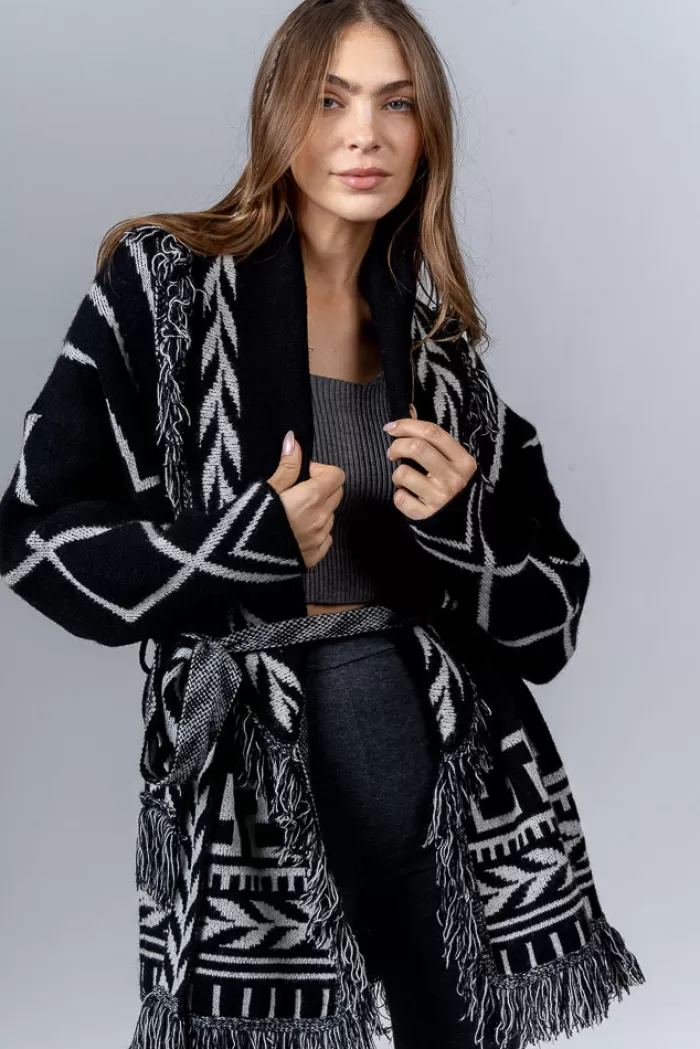 Silk & Salt oversized belted jacquard cardigan - black and white