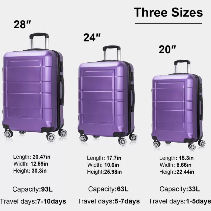 Silk & Salt Traveling Luggage 3pcs Hardside LuggaSet 20+24+28 with TSA Lock Purple